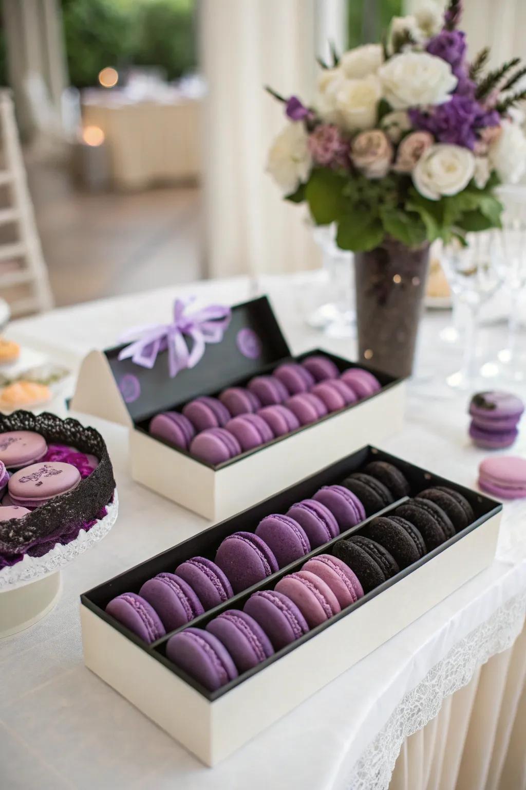 Memorable tokens consisting of onyx and violet macarons.