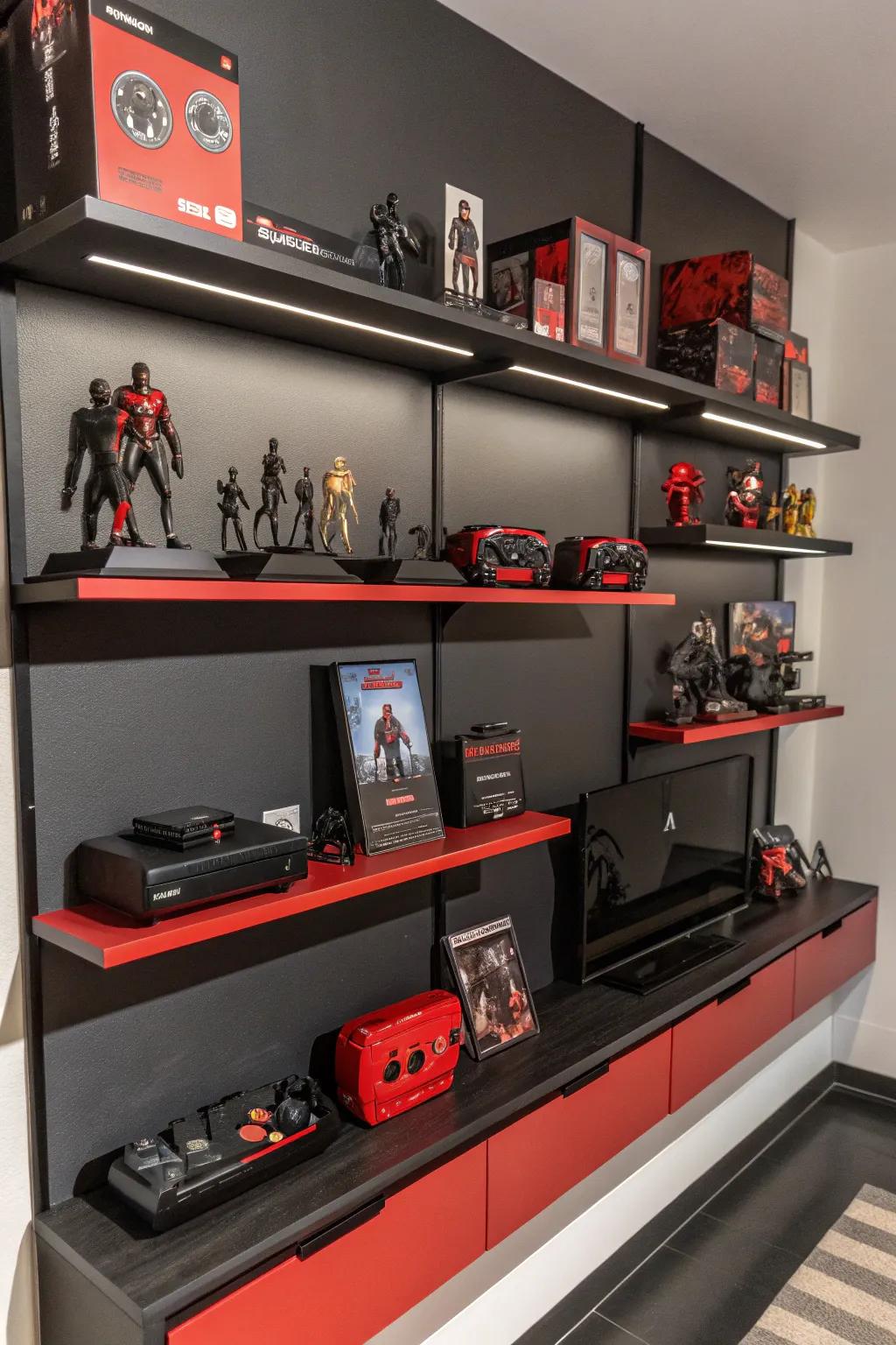 Black and crimson floating shelves are ideal for displaying gaming memorabilia.