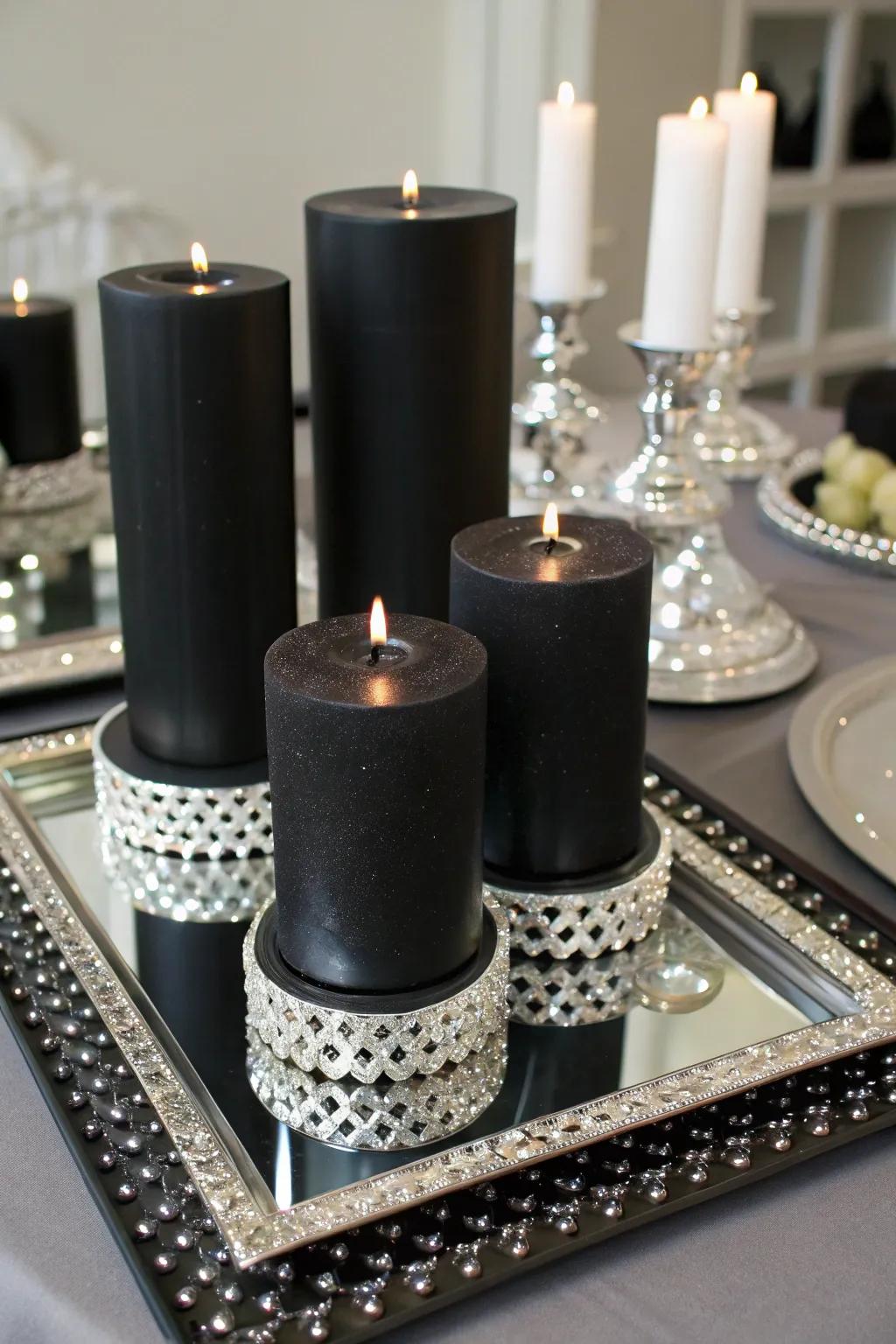 Sophisticated candle core pieces in onyx and argent.