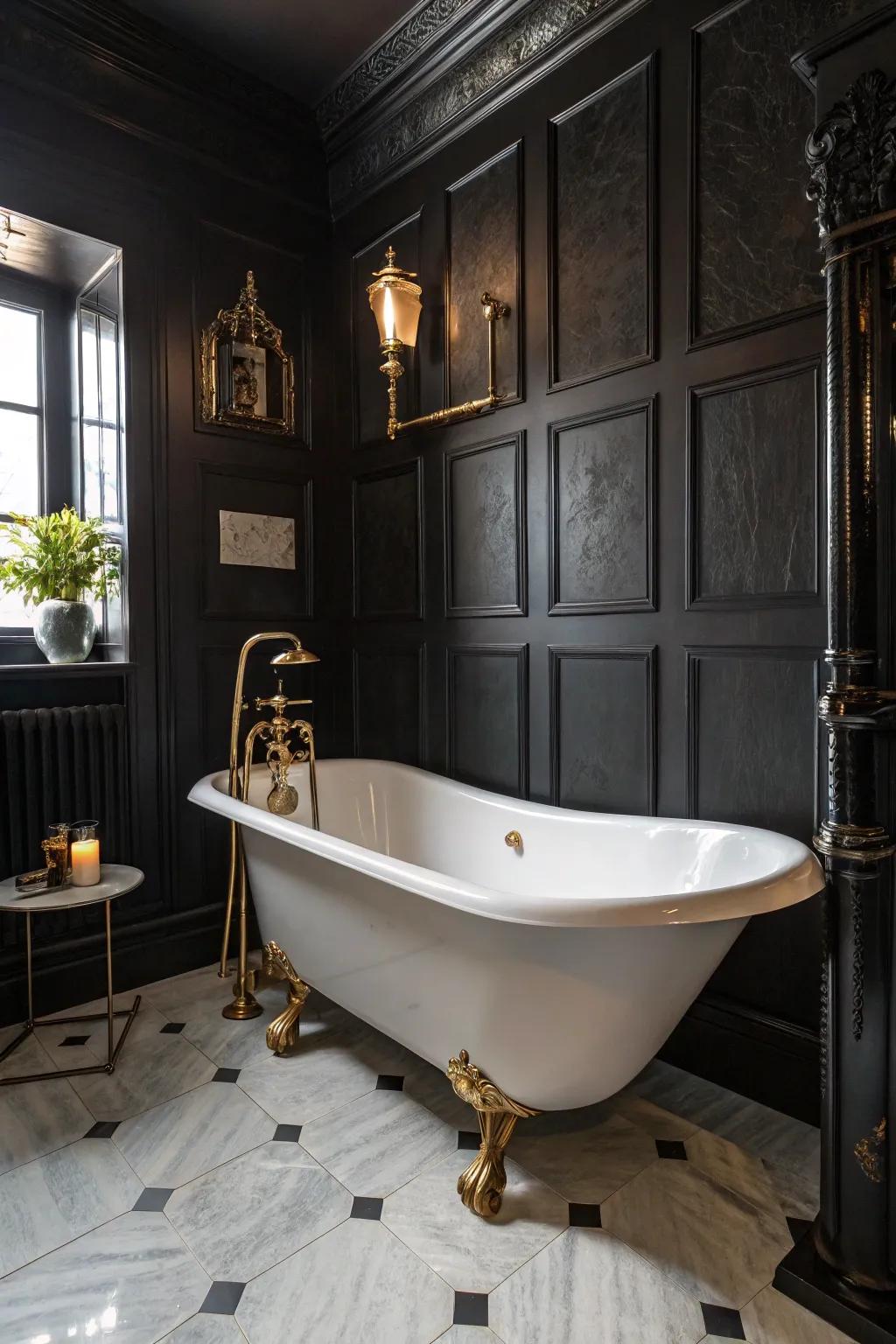Antique features impart classic allure to black bathrooms.