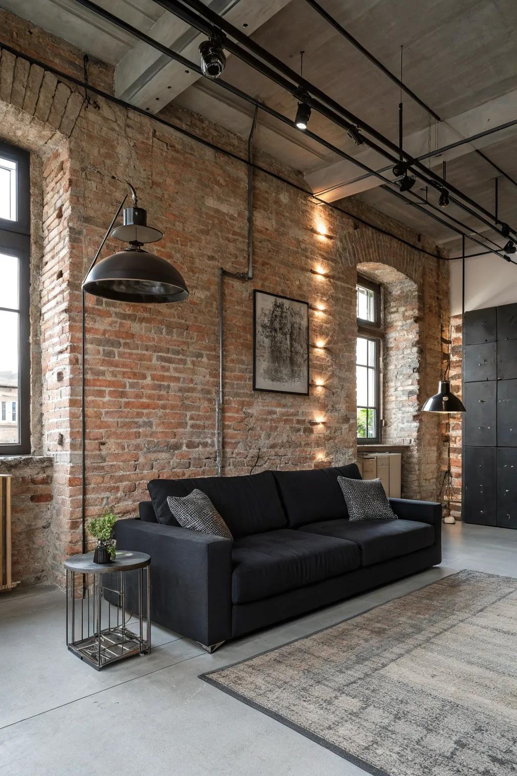 The strength of industry paired with a dark sofa.