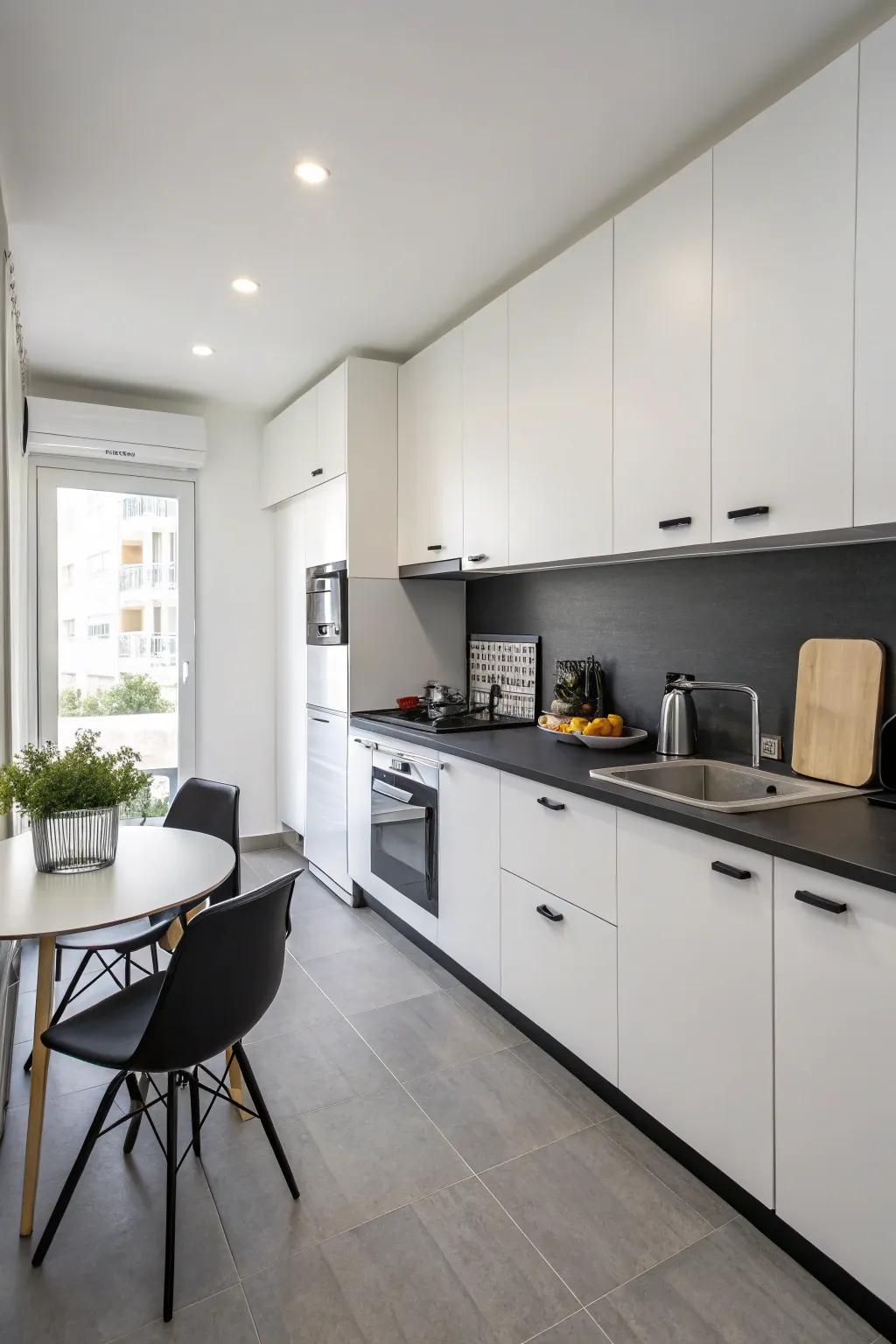 A minimalist kitchen featuring chic dark countertops.