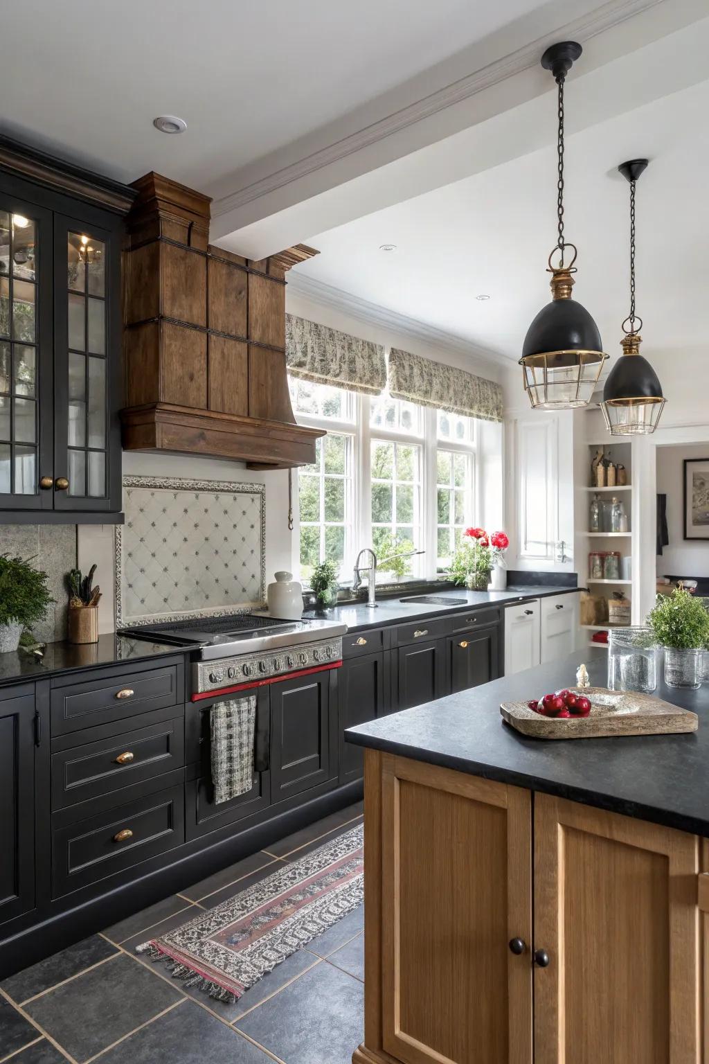 Modern and traditional styles blend with ebony worktops.