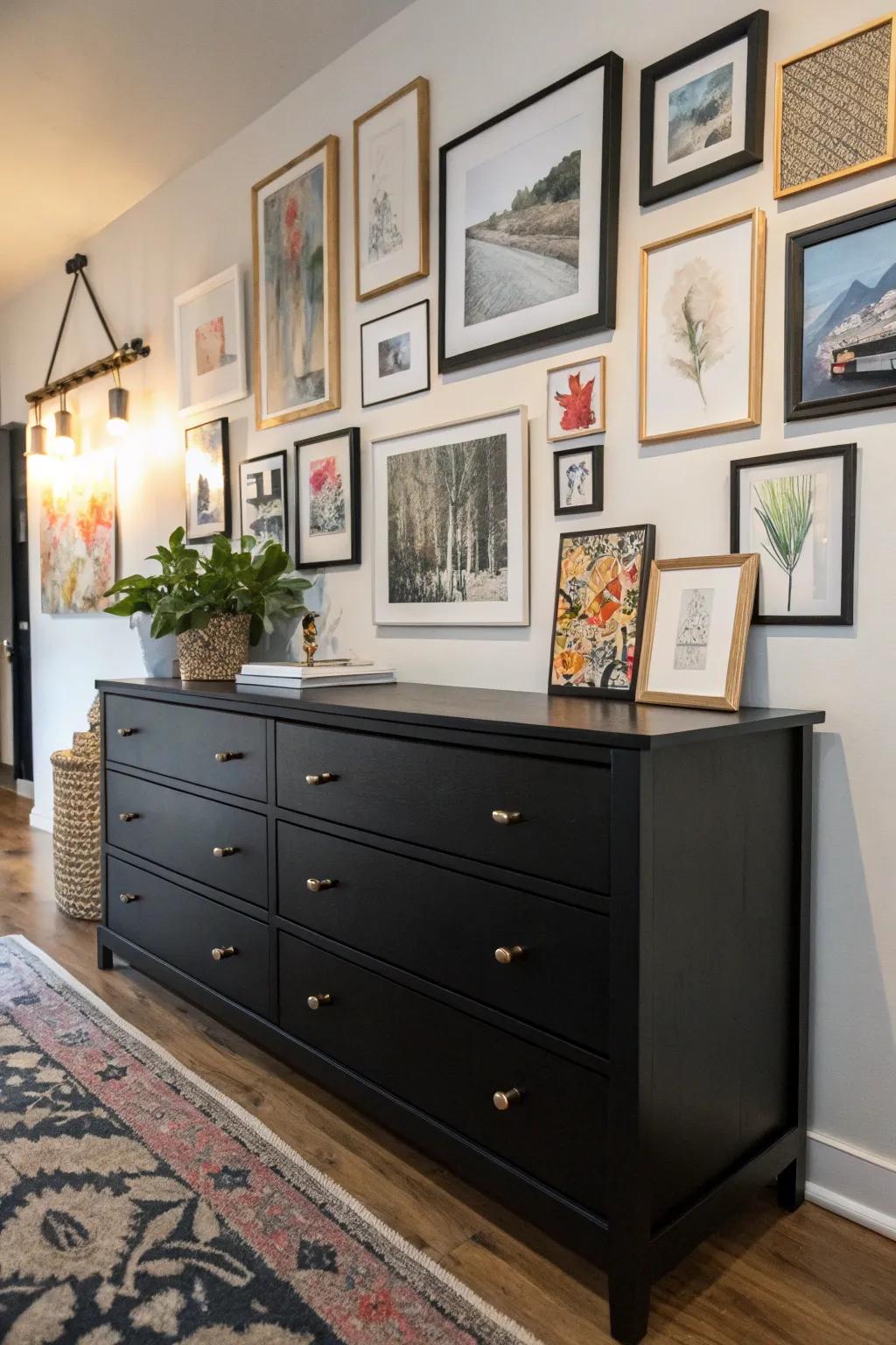 A black dresser acting as a base for an artistic gallery feature.