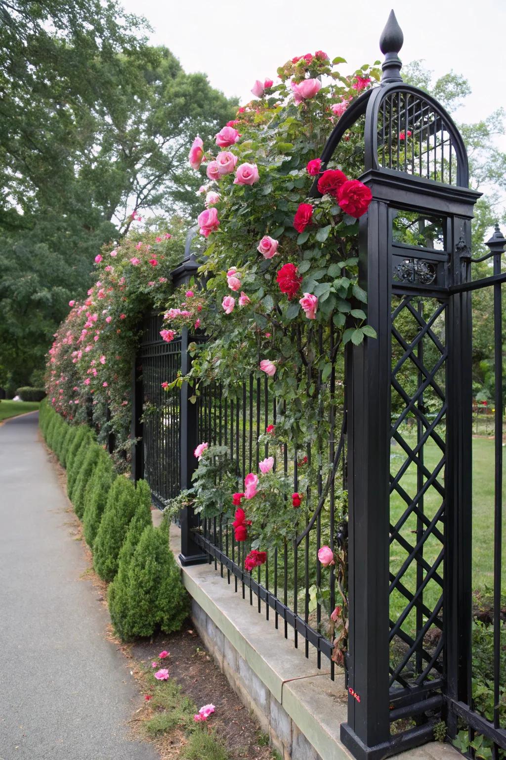 A decorative espalier on a dark fence supports climbing roses.