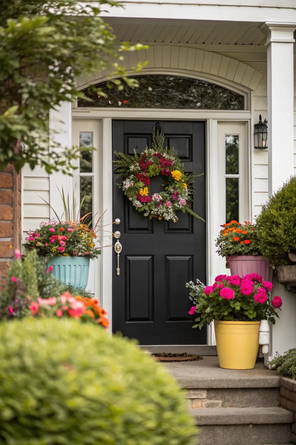 A vibrant wreath and colorful containers infuse personality into a black door featuring white trim.