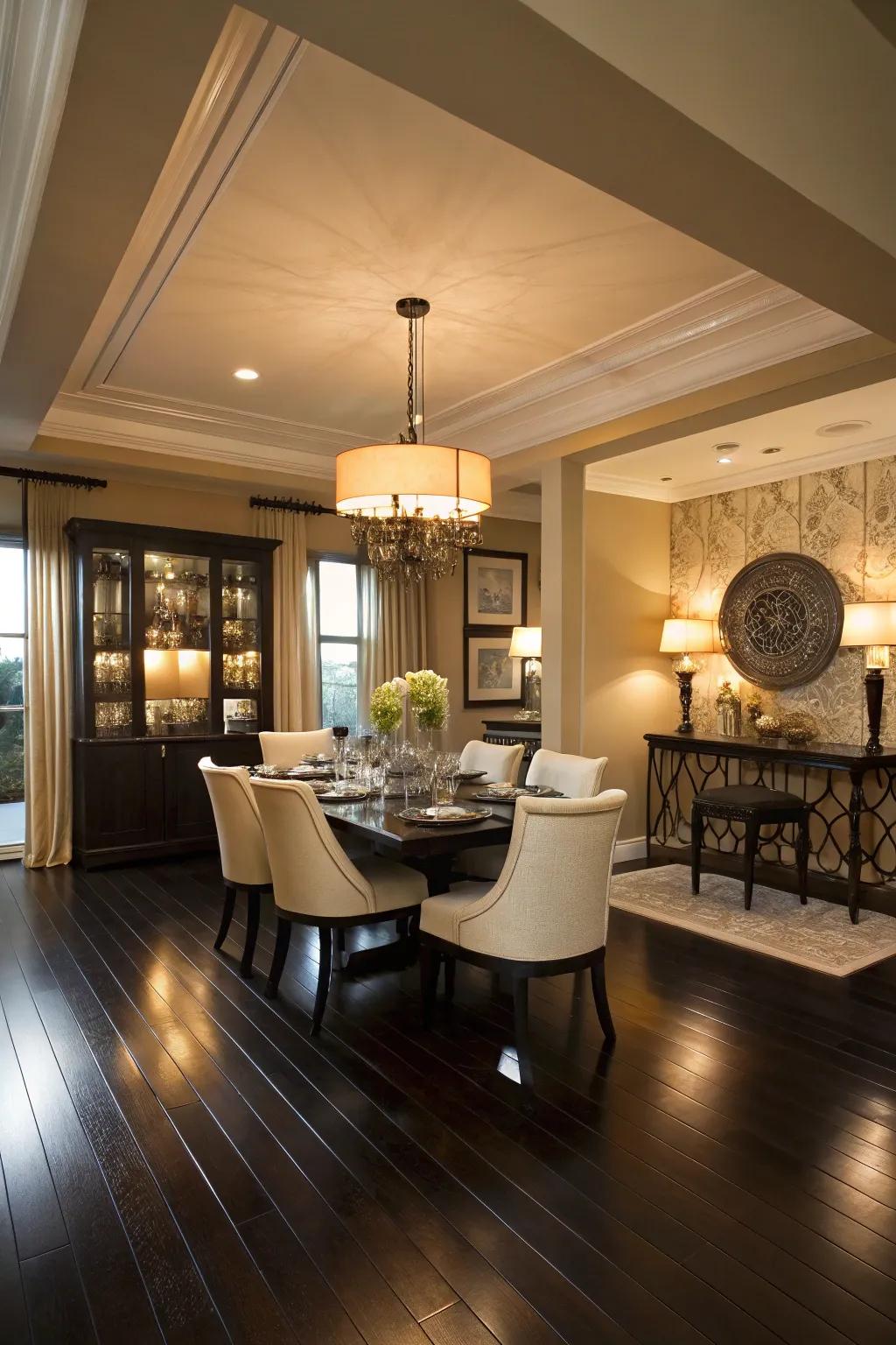 Elegant dining room with dark hardwood floors.