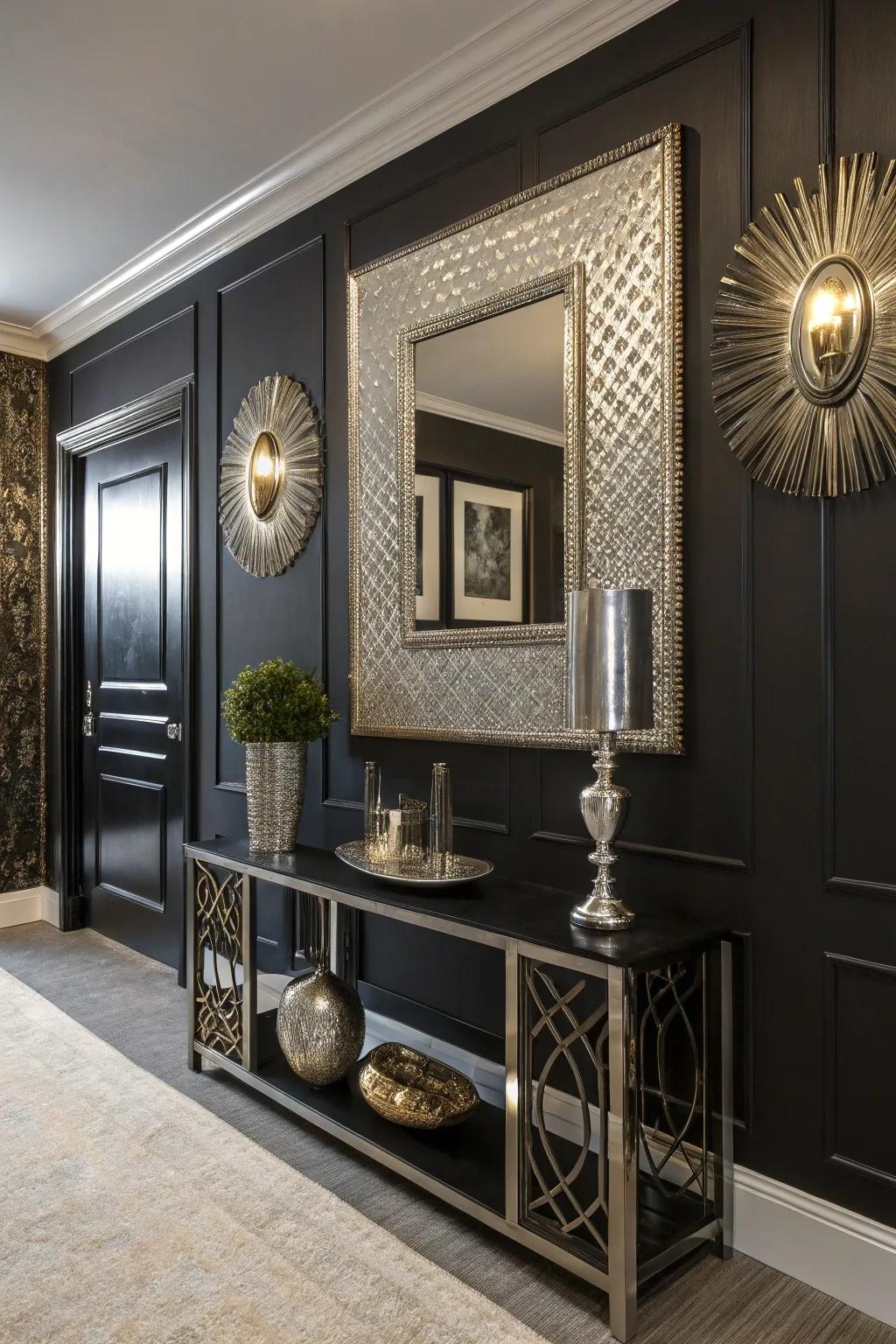 Reflectors and metallic highlights on a dark wall.