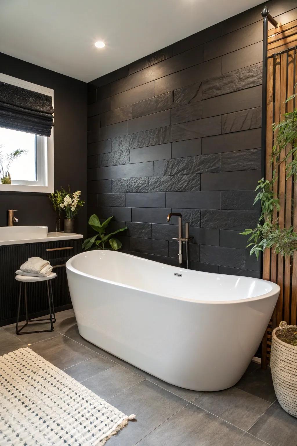 A white tub serves as the minimalist focal point in this luxurious setting.
