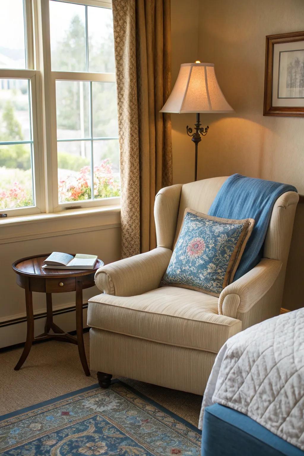 A sandstone armchair with azure pillows delivers a perfect reading area.
