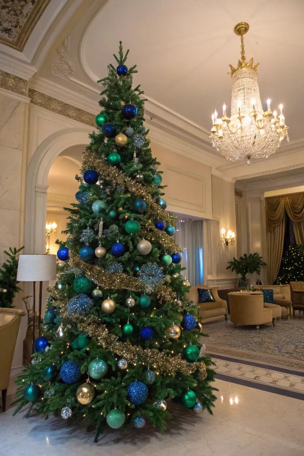 A glamorous tree featuring sapphire and emerald hues, dazzling with elegance.