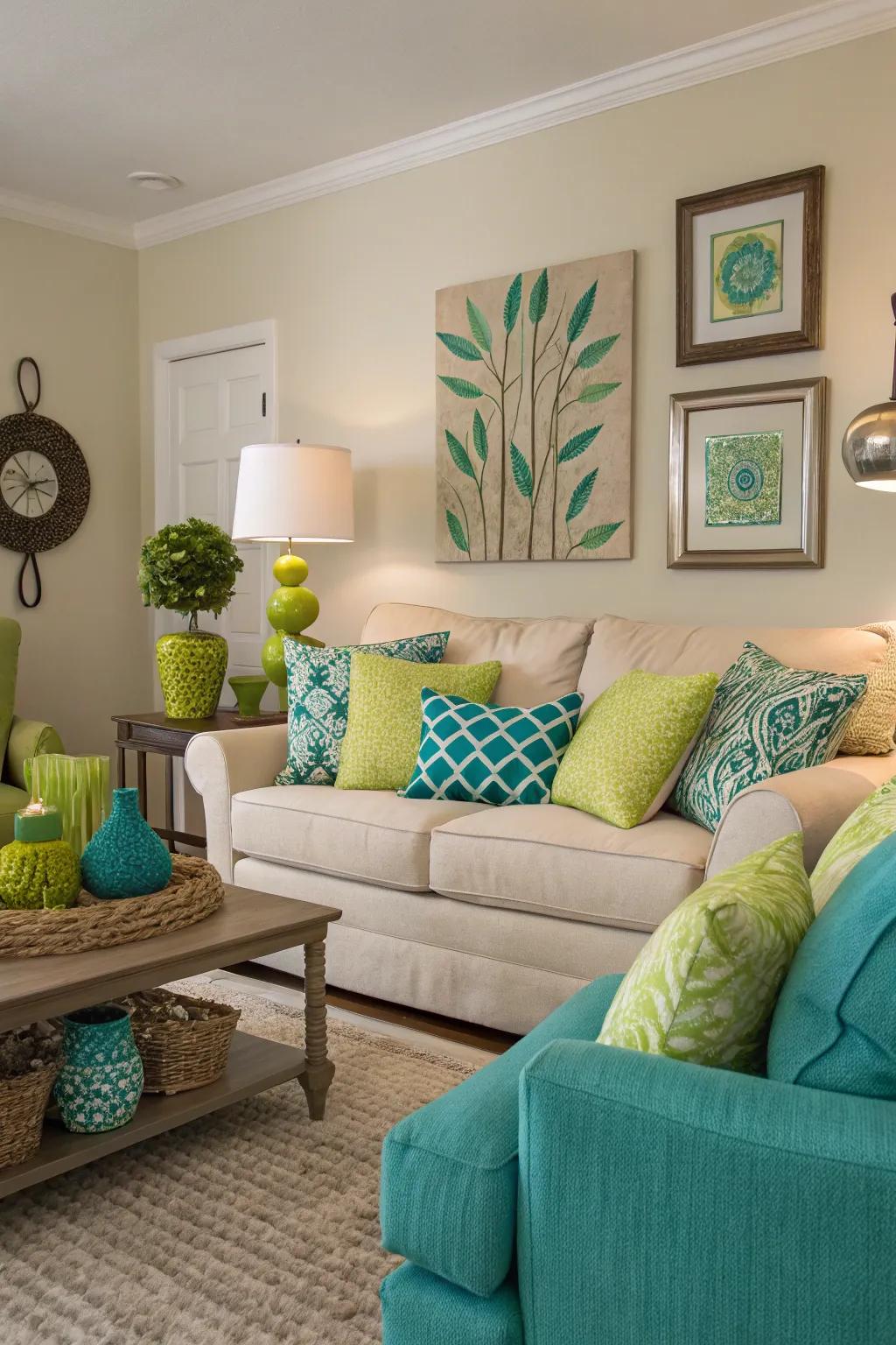 Blue-green and lime details add vitality and energy.