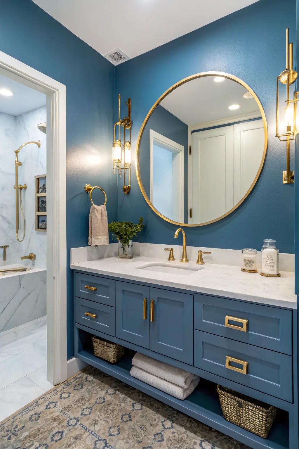 Blue and gold details infuse the space with glamour.