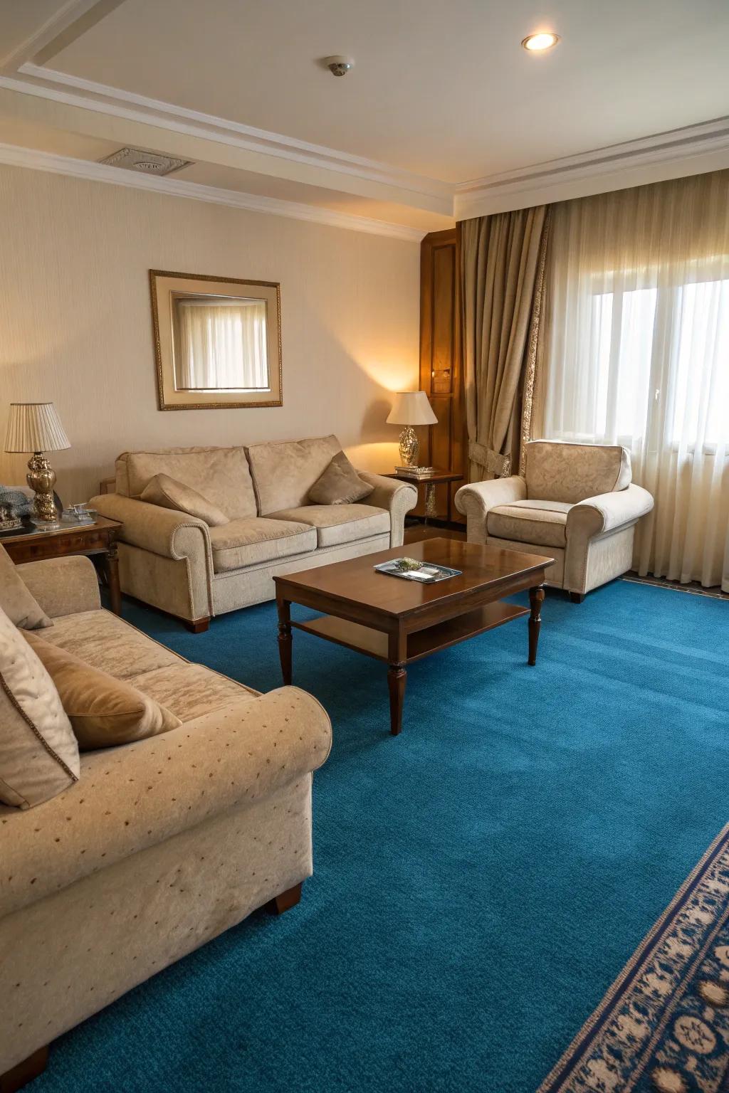 Neutral tones enhance a blue carpet, forging a harmonious dwelling zone.