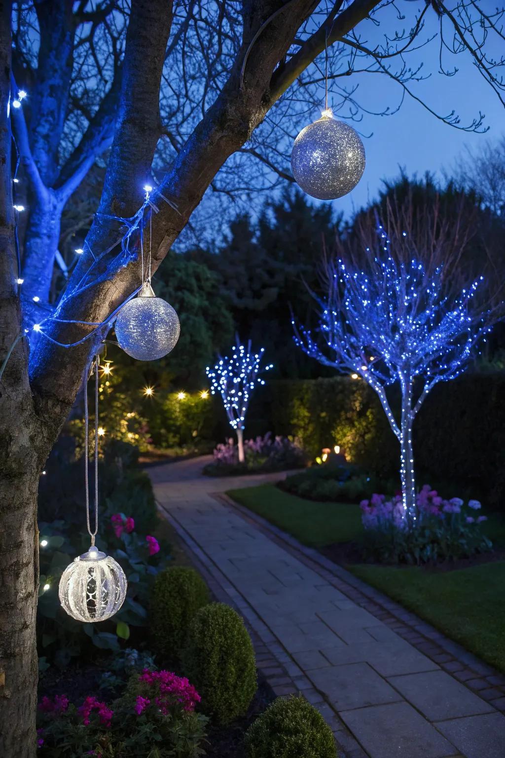 Enchanting exterior azure and argent Christmas ornamentation
