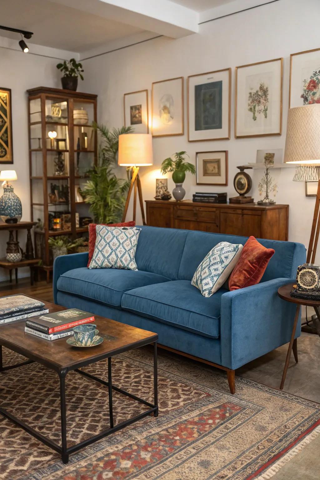 A mix of contemporary and retro styles surrounds a sapphire sofa.