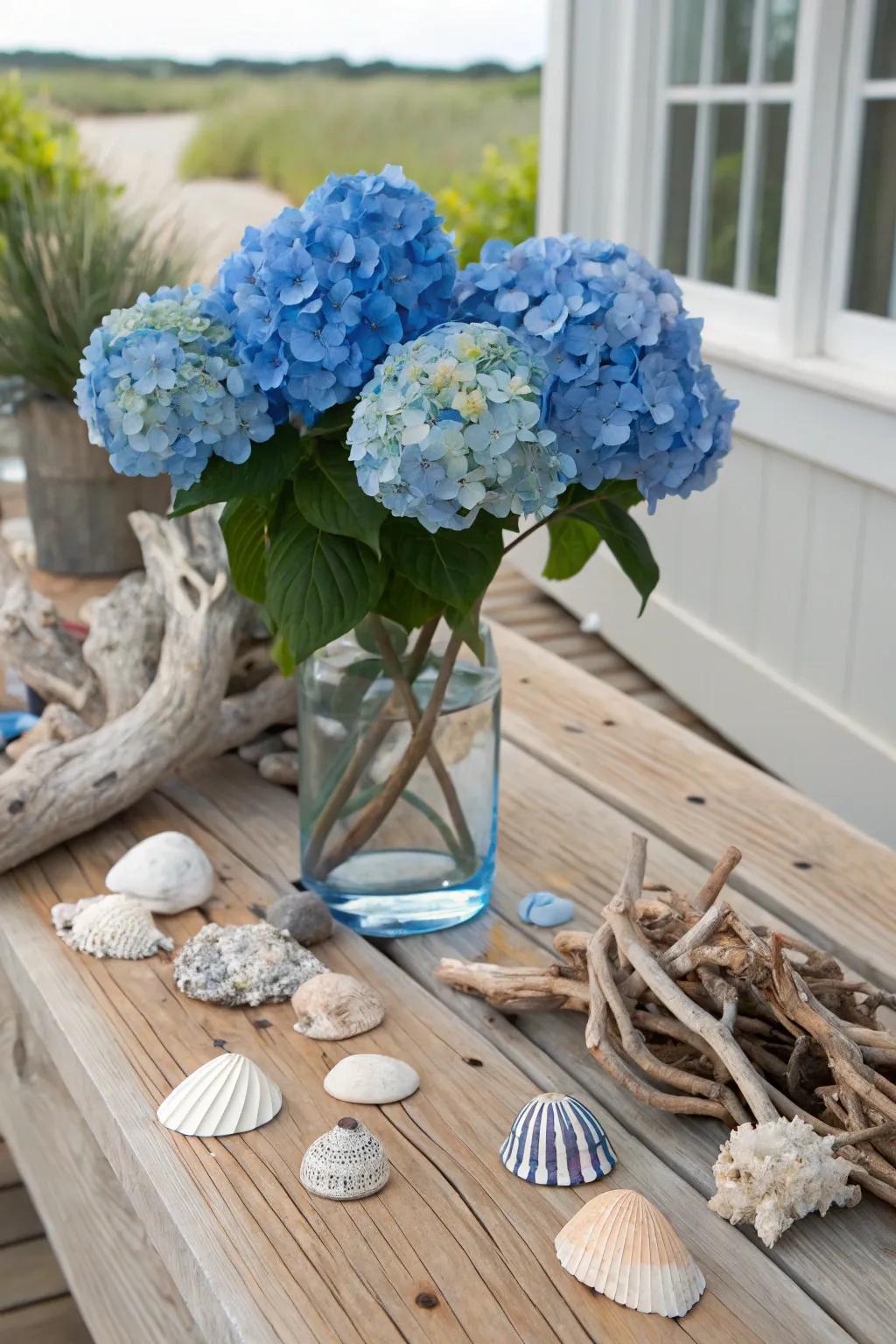 A shore-themed centerpiece featuring blue hydrangeas and seashells.