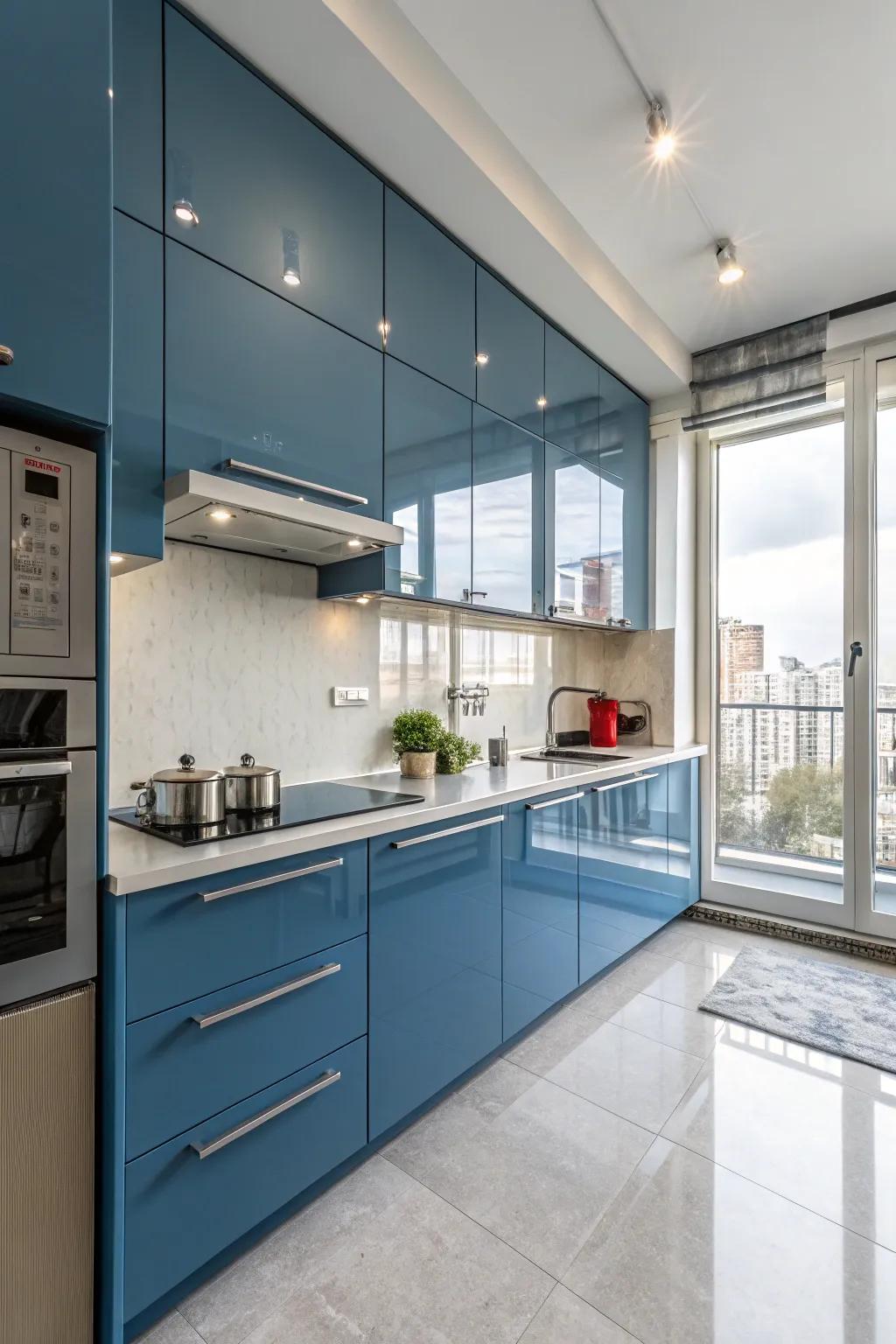 Glossy azure cabinetry coupled with minimalistic fixtures proposes a streamlined and contemporary cooking space facade.