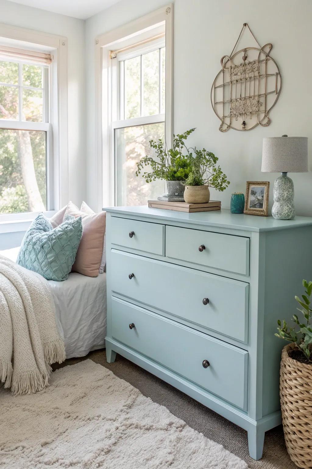 A pastel blue dresser adding a serene touch to a tranquil bedroom.