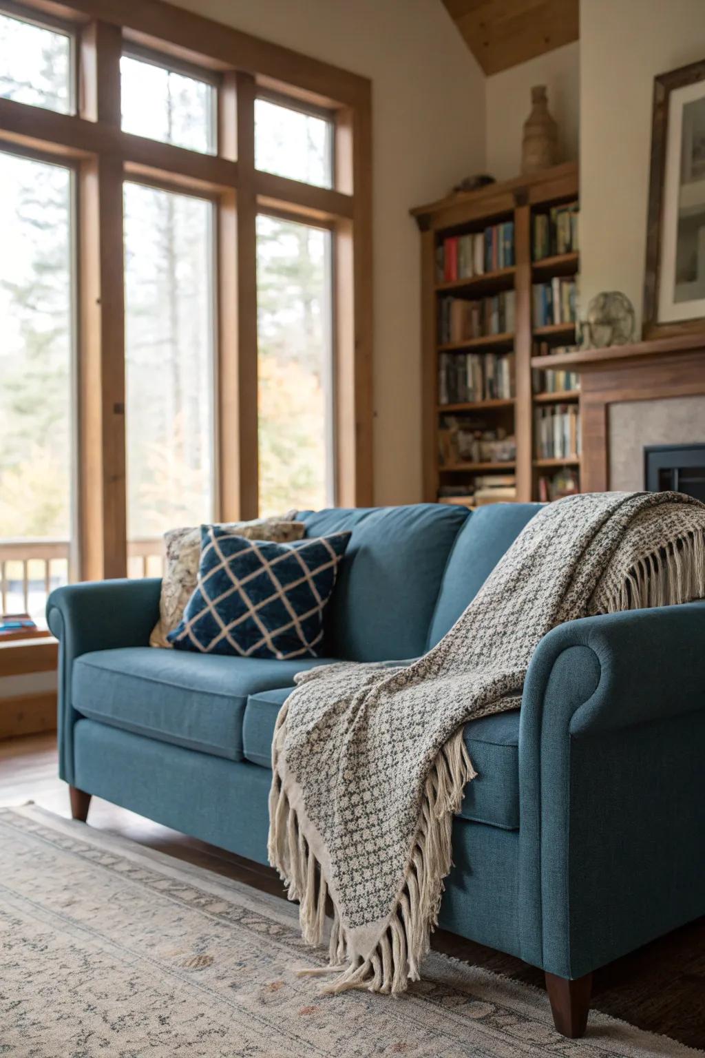 Textured throws add warmth to a sapphire loveseat setting.