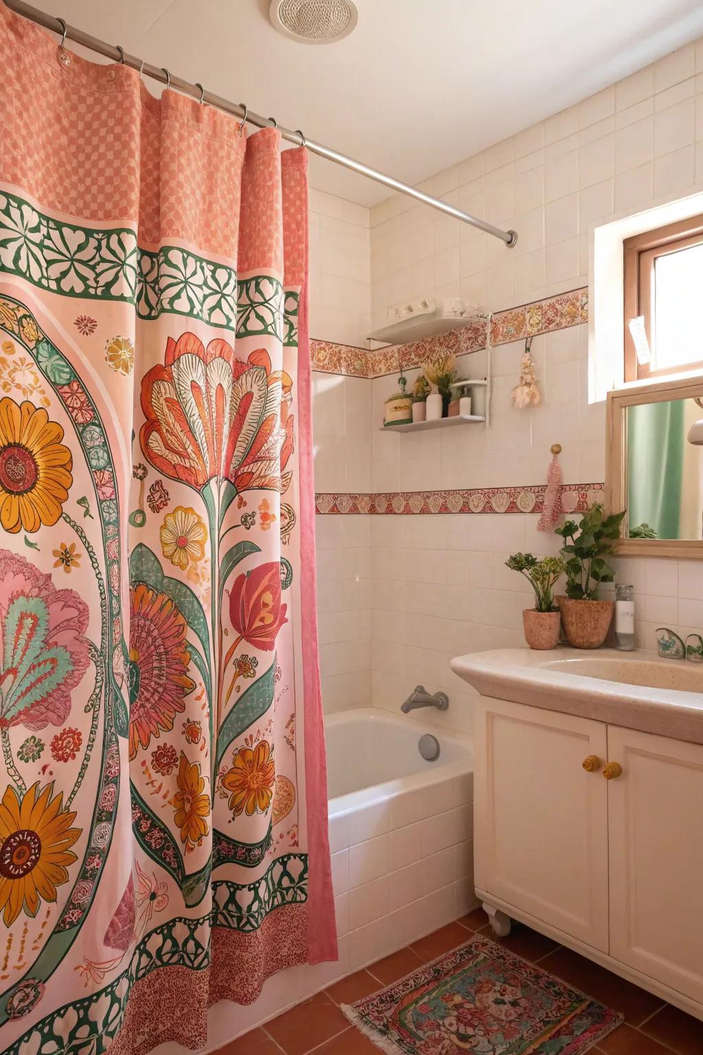A boho bathroom showcasing a vibrant, patterned shower drape.