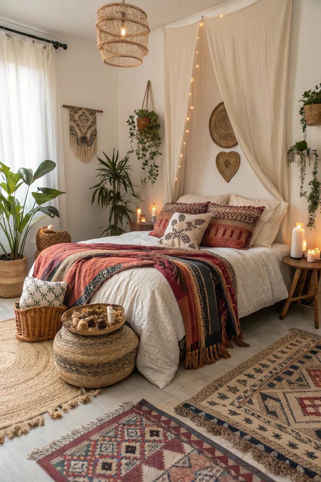 A boho bedroom with an artistic collection of styles and textures.