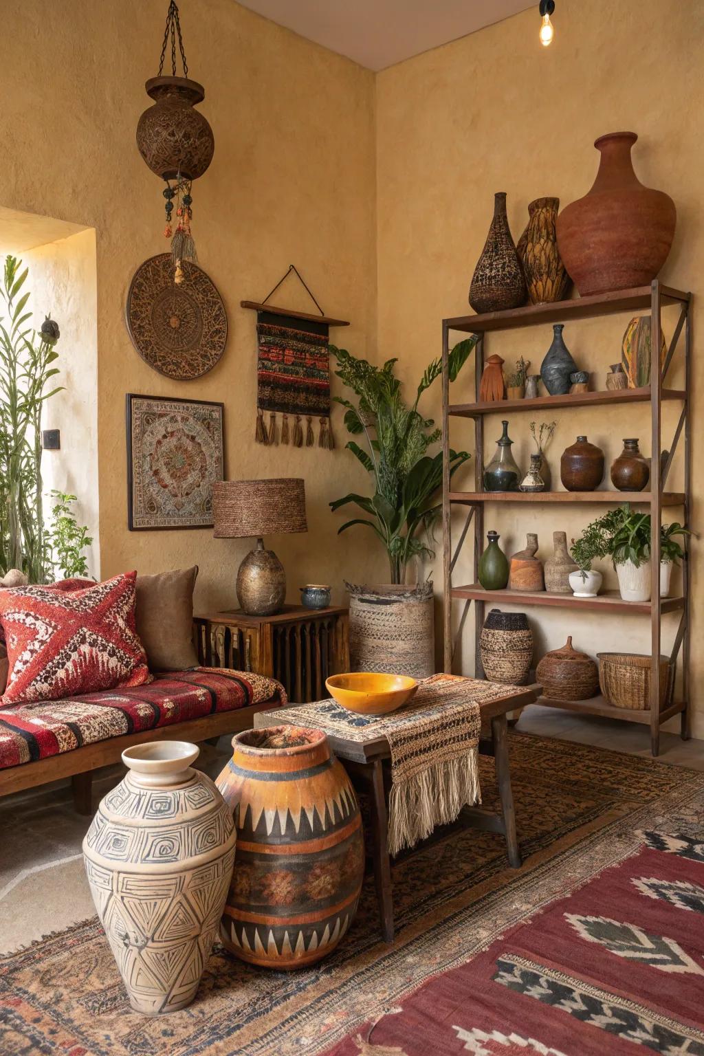 A display of distinct handcrafted treasures in a bohemian setting.