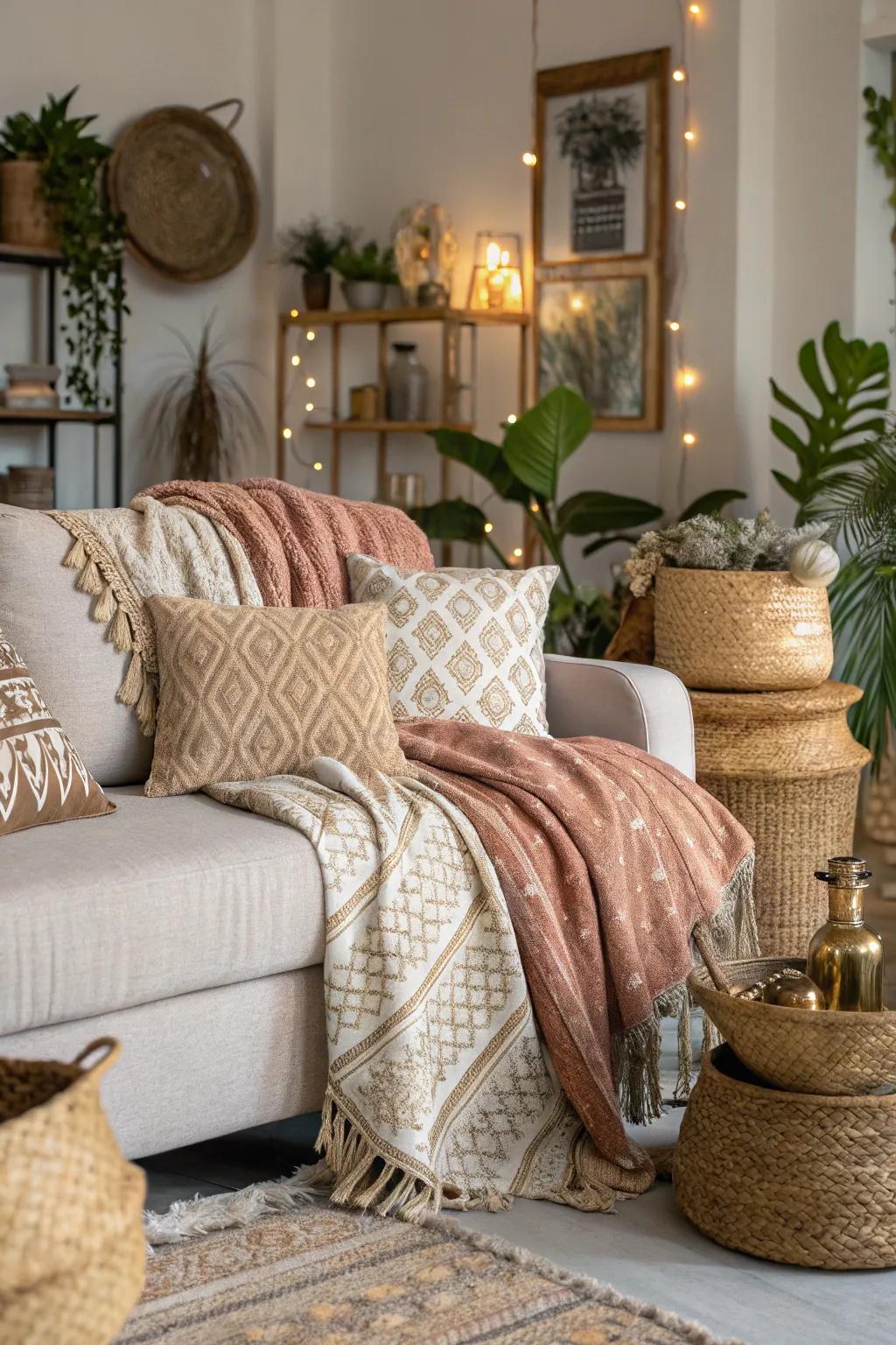 Textured throws introduce warmth and comfort to the free-spirited glamorous space.