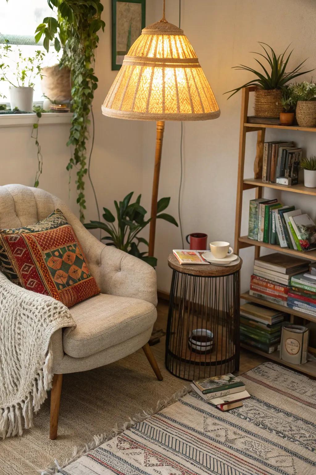 An organic fabric lampshade imparting warmth to a reading corner.
