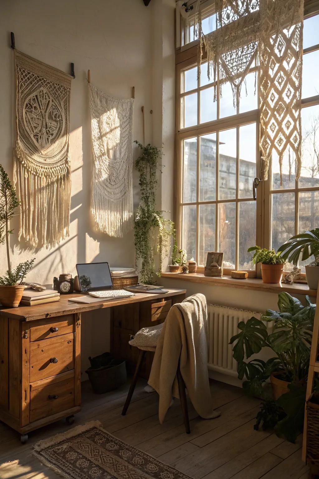 Braided hangings add texture and a bohemian touch to the office.