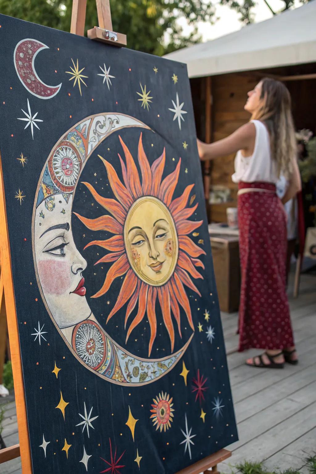 A boho painting celebrating the cosmic dance of the sun and moon.