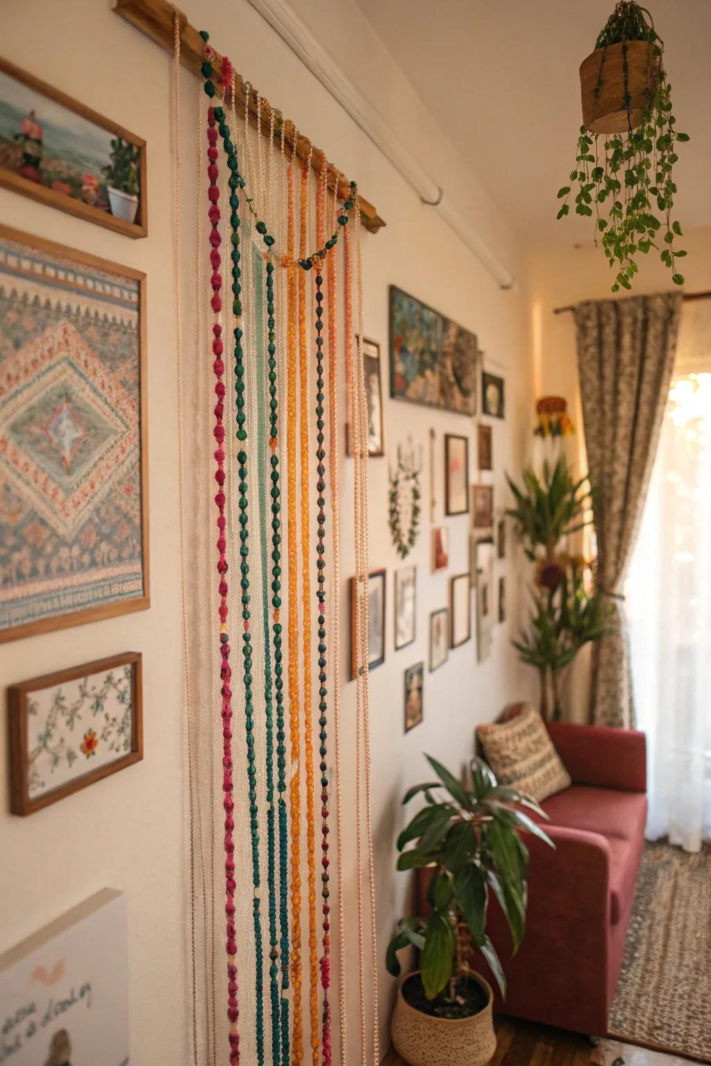 A boho wall showcasing string curtains that add both artistic appeal and a playful element.