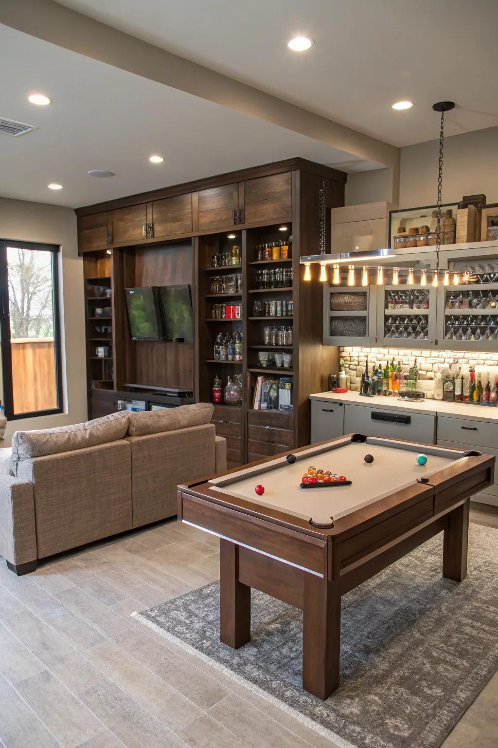 Maximize space using versatile furniture in the game room.