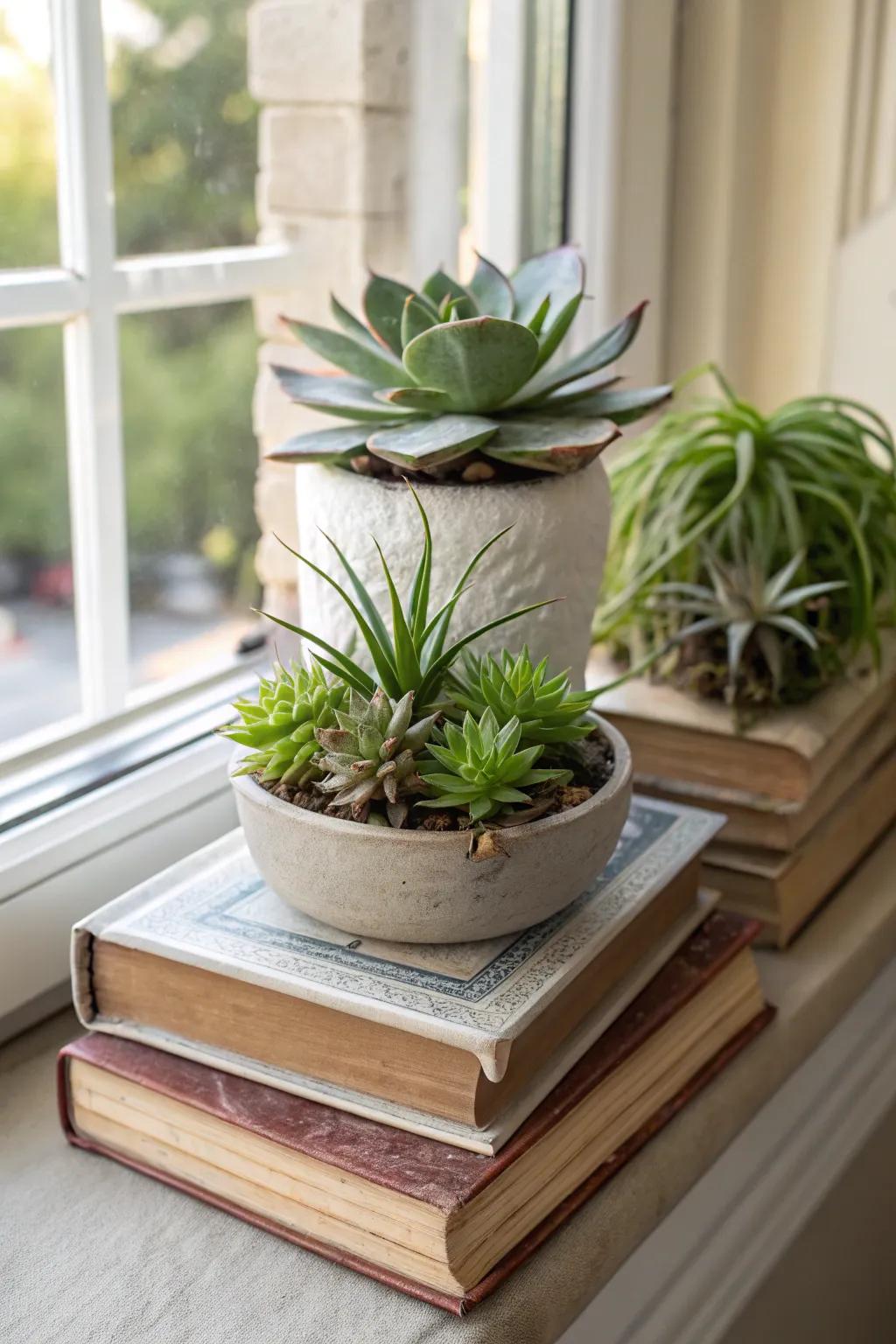 A small garden centerpiece animates a stack of books.