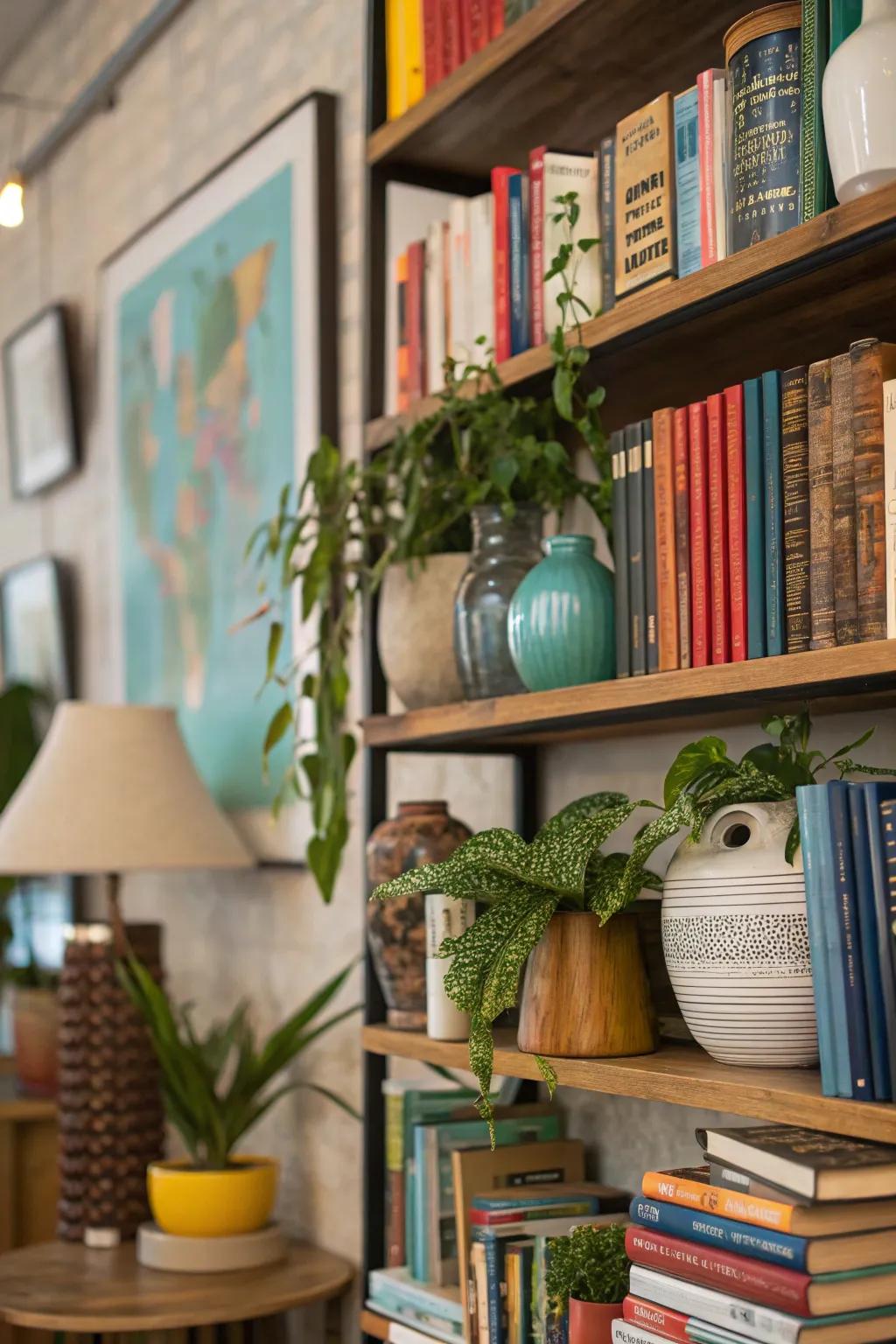 Combine books with decor for a dynamic aesthetic.