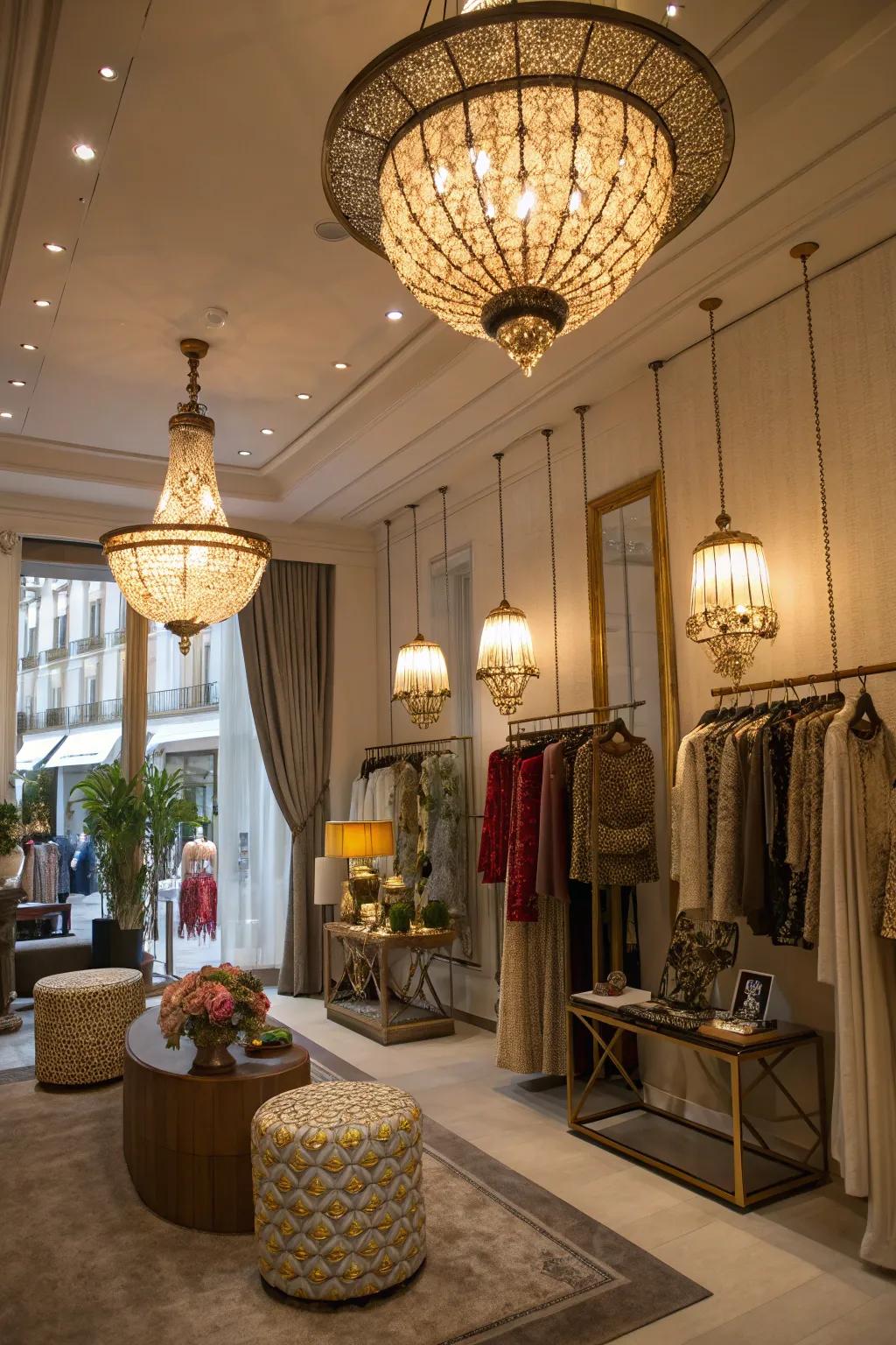 A boutique interior showcasing embellishing fixtures that draw focus and incorporate a distinctive touch.