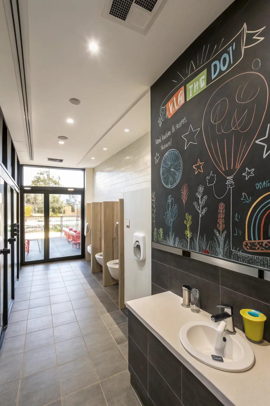 A chalkboard wall encourages art in a boys' bathroom.