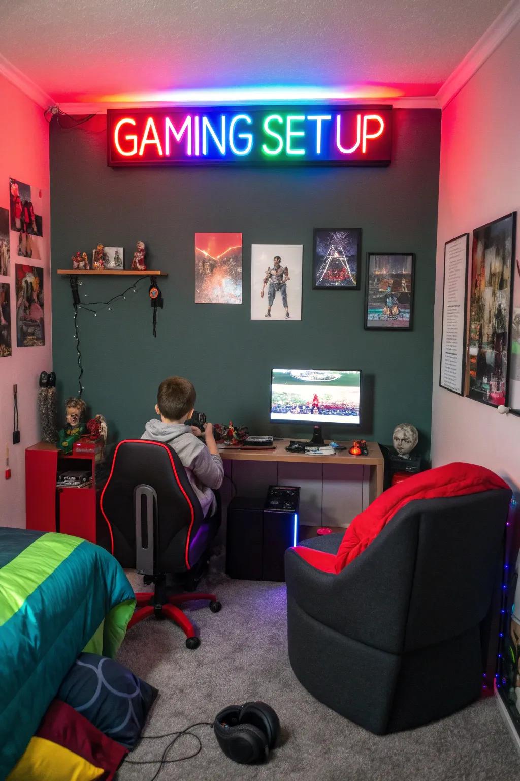 Illuminated lettering imparts a dynamic flair to the gaming space.
