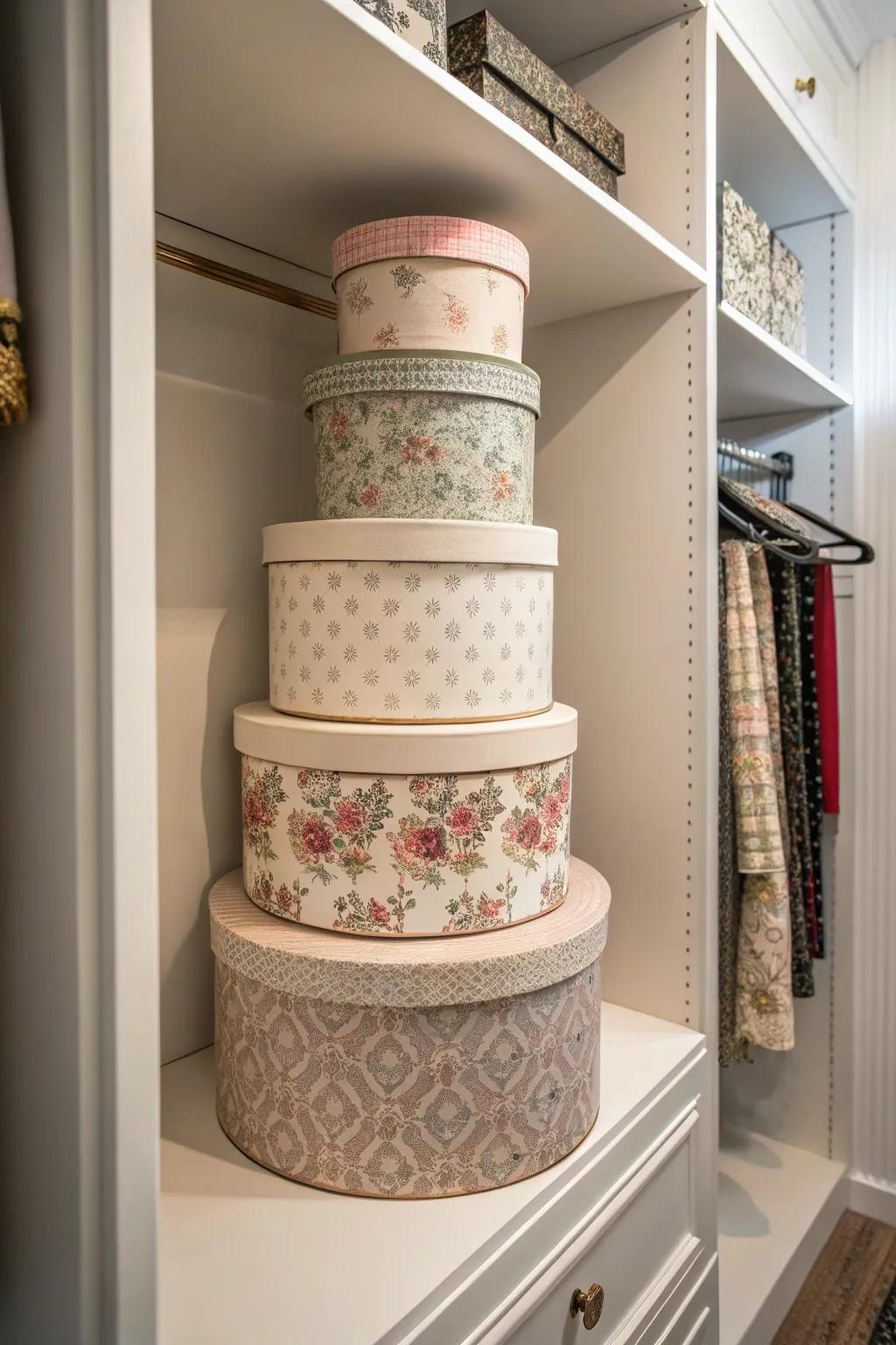Add a touch of vintage charm with hatbox storage.