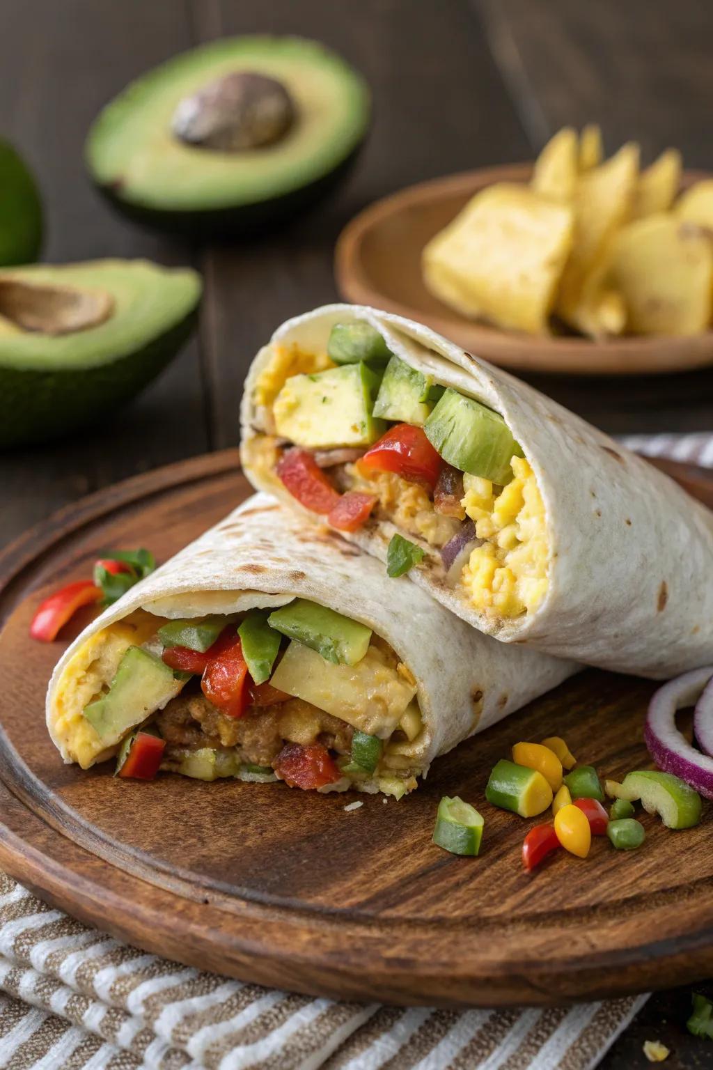 A hearty morning wrap filled with fresh vegetables.