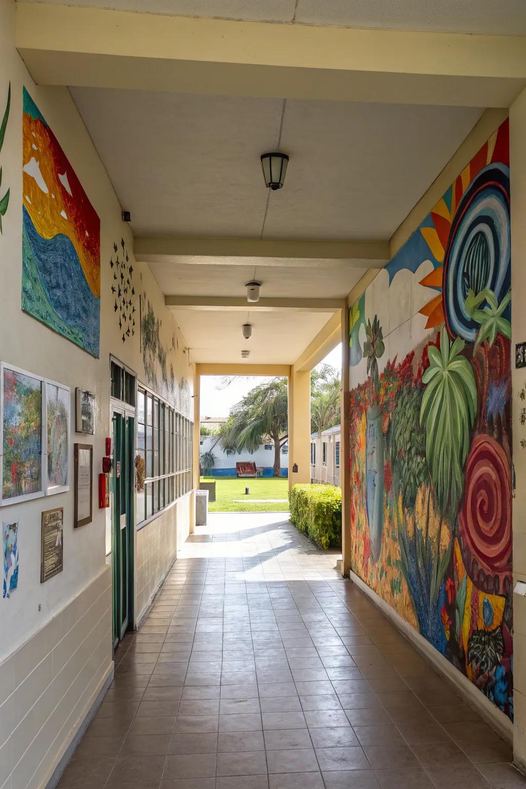 A vibrant art exhibition injecting personality into the breezeway.