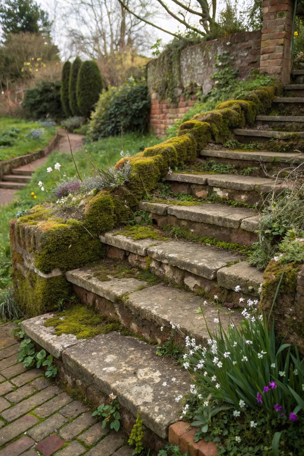 Weathered brick steps radiating ageless charm.
