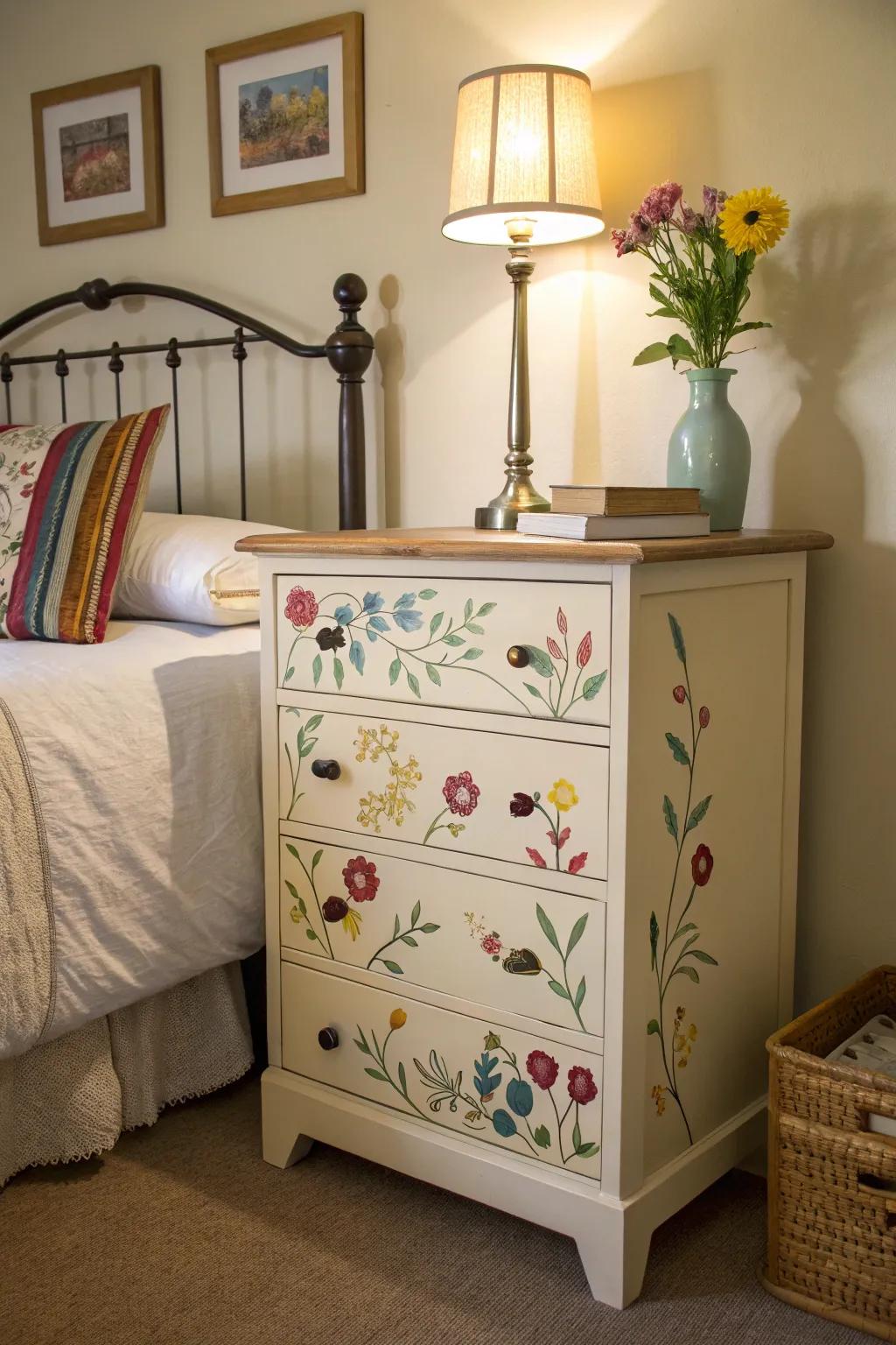 Secondhand furniture pieces contribute unique character to a budget-conscious bedroom.