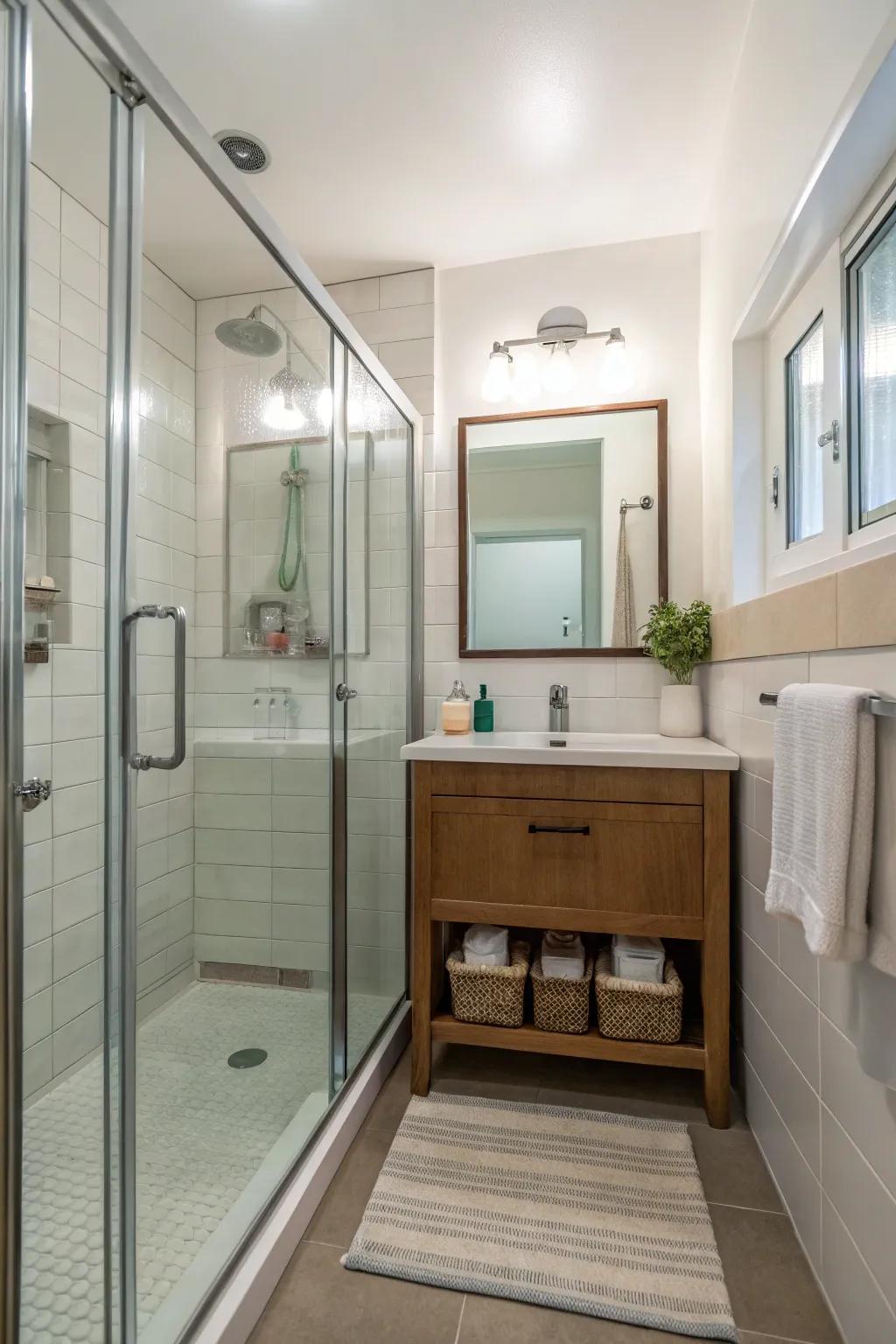 A walk-in shower equipped with glass panels opens up the available space inside this small bathroom.