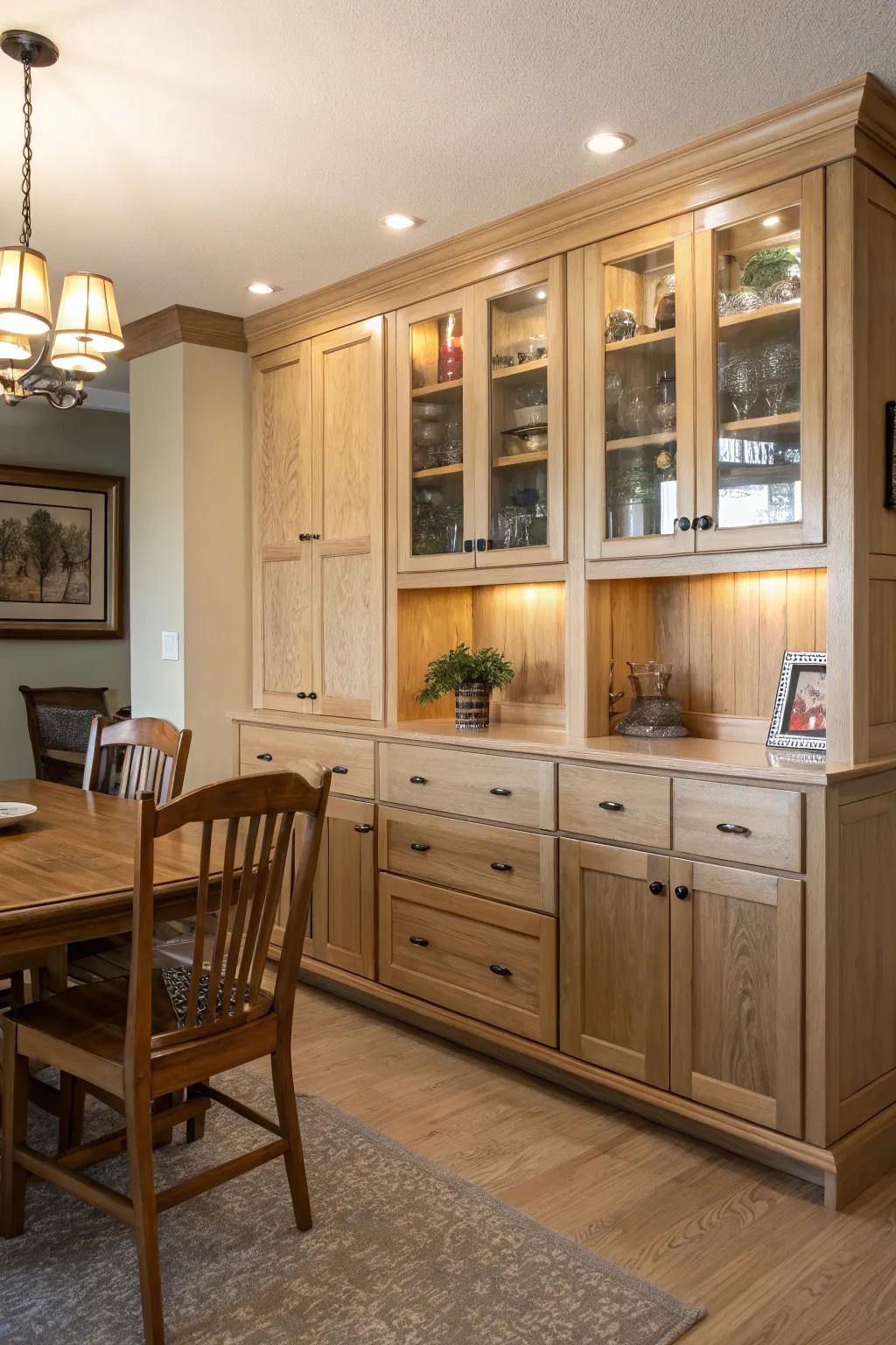 Functional built-in cabinets that include practical features such as sliding drawers.