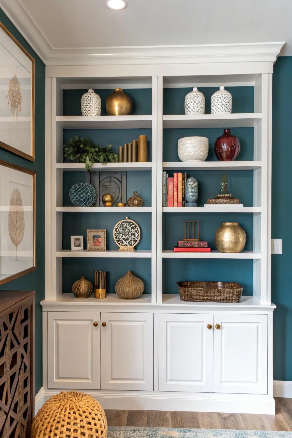 A contrasting backdrop can ensure items on built-in shelves command attention.