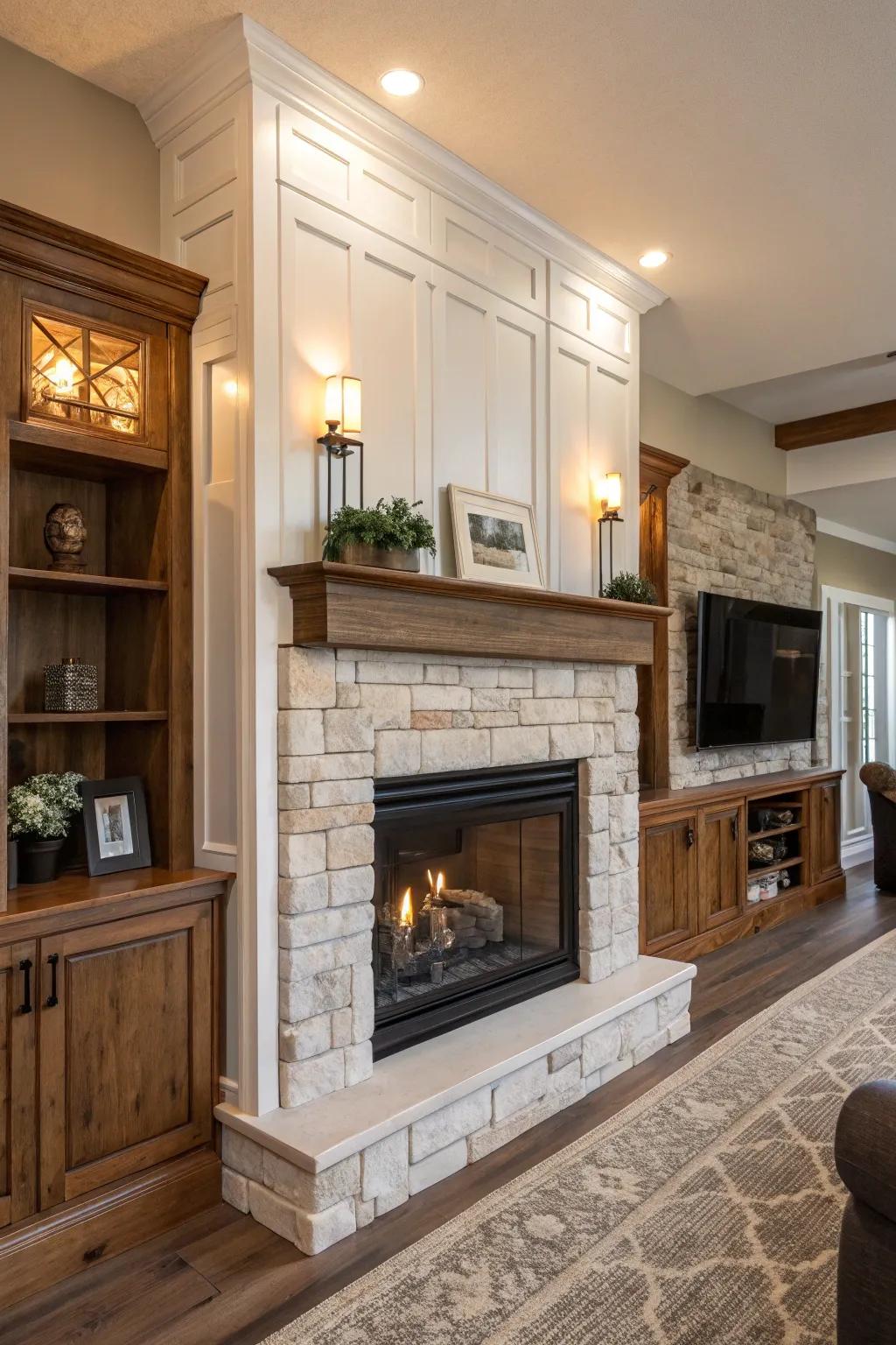A fusion of styles transforms the fireplace into a unique point of interest.