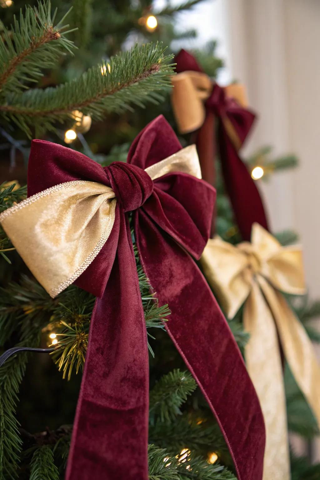Velvet embellishments contribute an opulent touch to the tree.