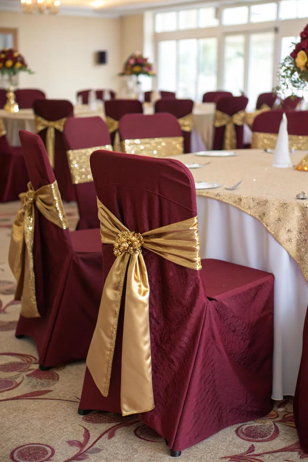 Charming seat covers in claret and gold introduce an element of elegance to your seating.