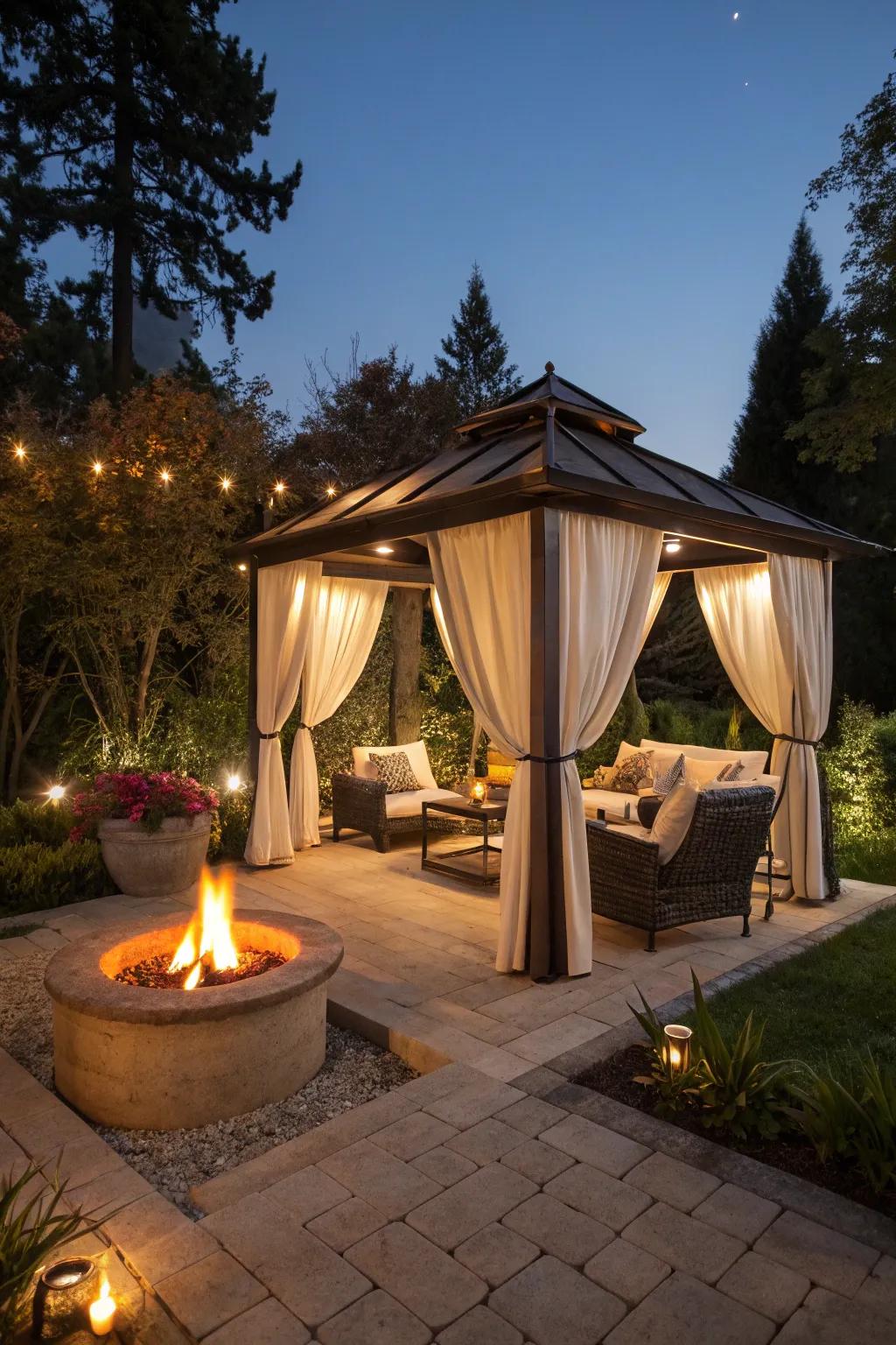 A cozy cabana featuring a warm fire pit lounge.